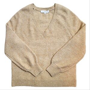 LOFT Tan & Gold Glitter Metallic Flecked V- Neck Ribbed Sweater
